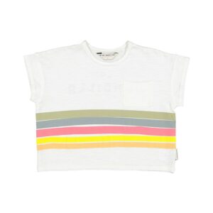 Camiseta manga corta bebé y niños algodón blanca rayas multicolor frase "LA PANDILLA" Piupiuchick