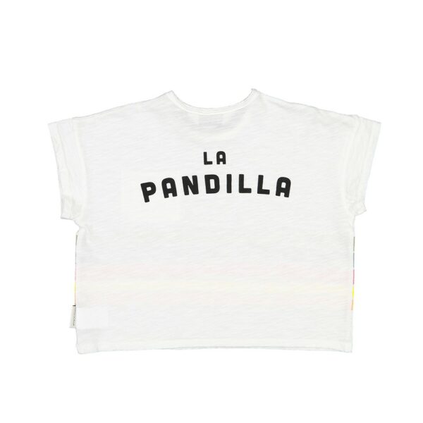Camiseta manga corta bebé y niños algodón blanca rayas multicolor frase "LA PANDILLA" Piupiuchick
