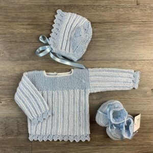 Conjunto jersey capota y patuco bebé hilo celeste/blanco a mano Aruca artesanía