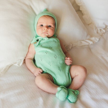 Pelele ranita bebé tirantes punto hilo calado verde mint Iló-Liló